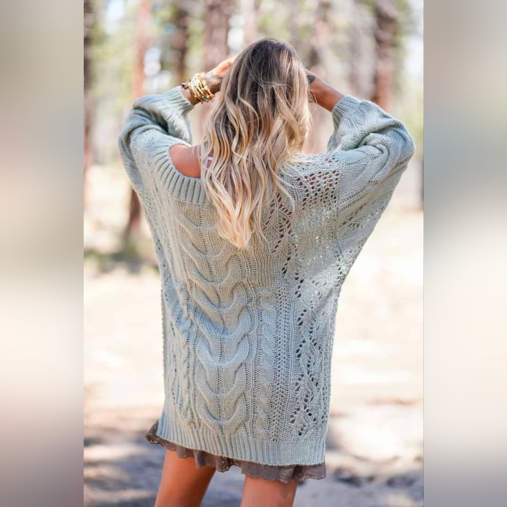 Three Bird Nest Light Gray Off-Shoulder Cable Knit Sweater Dress - Picture 5 of 6
